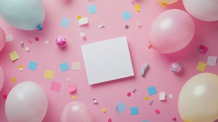 Birthday or party mockup featuring a paper card pastel balloons and confetti arranged on a pink tabletop in a flat lay composition