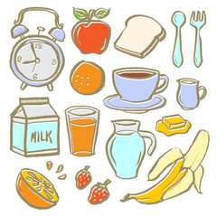 Set of morning breakfast doodle illustrations with alarm clock, fruit, drink and food isolated on transparent background