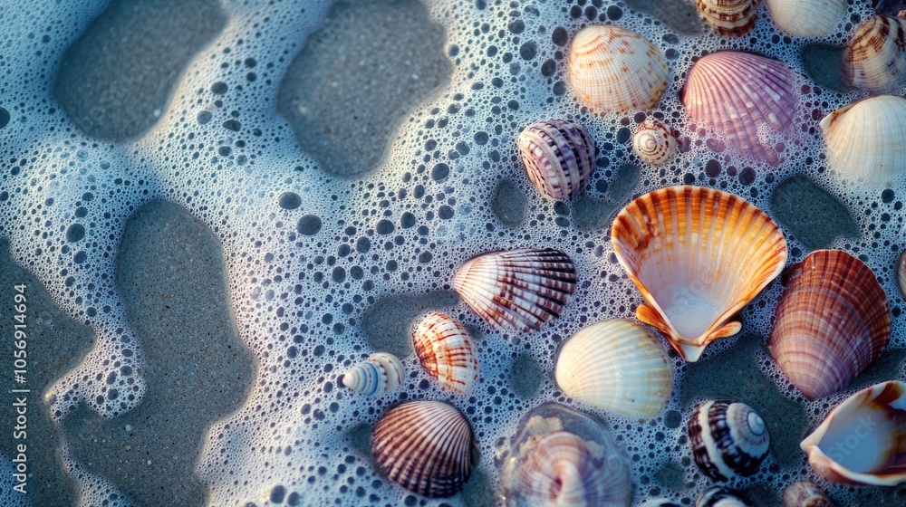 Aufkleber colorful seashells in diverse shapes scattered across wet sandy shore with soft waves and frothy bub