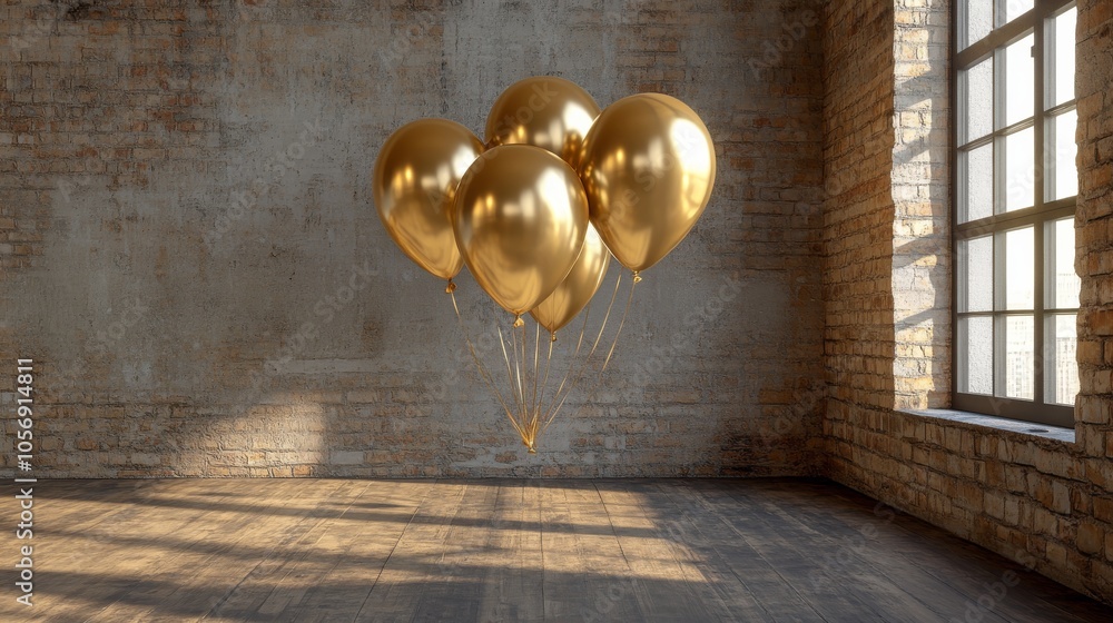 Poster golden balloons floating in a rustic room with a window