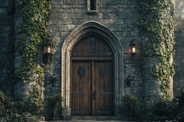 Obraz premium A historic stone structure with a wooden entrance