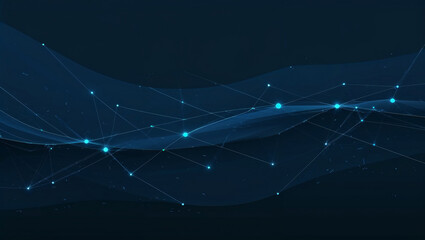 Blue nodes and lines forming a network on a dark backdrop, digital.