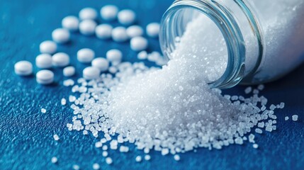 Close up of white sugar pills and artificial sweeteners beside a bottle on a blue background
