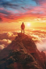 Fototapeta premium A person stands at the peak of a mountain as the sun sets in the background