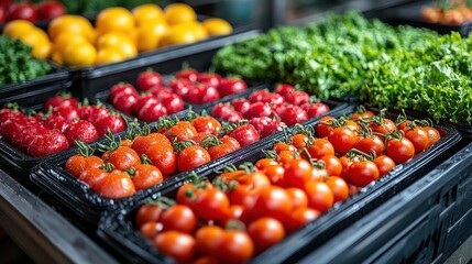 Fresh produce display featuring various tomatoes and leafy greens.