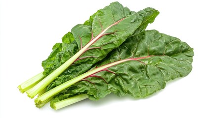 Fresh green chard leaves set against a white background