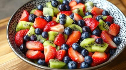 Obraz premium Colorful fruit salad featuring strawberries blueberries and kiwi served in a bowl