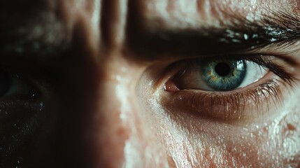 Close up of tear filled eyes and a moist face highlighting a moment of deep emotion Eyebrows are knitted with tears clear on the lashes and skin