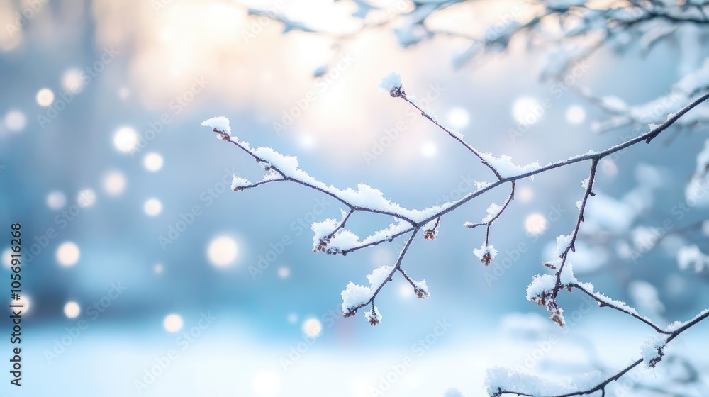 Poster branch of a snow covered alder tree with a blurred background features selective focus and shallow d