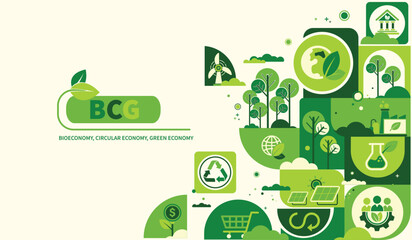 BCG concept for sustainable economy development. Bio economy, circle economy, green economy with icons for web banner. Environment eco friendly. Vector illustrator.