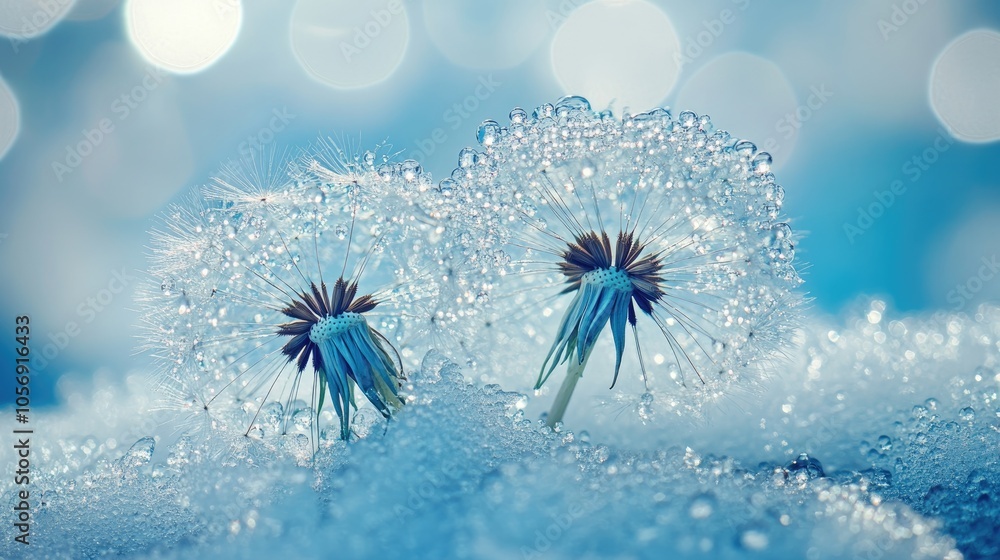 Poster dew covered dandelion parachutes resting on snow creating an abstract artistic scene with soft blue 