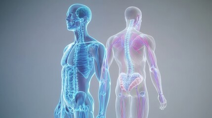 3D illustration of human anatomy highlighting skeletal and spine structures. Perfect for educational and medical purposes.