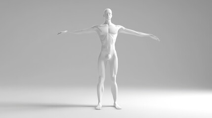 3D model of a humanoid figure standing upright with arms outstretched against a neutral background for artistic or design use.