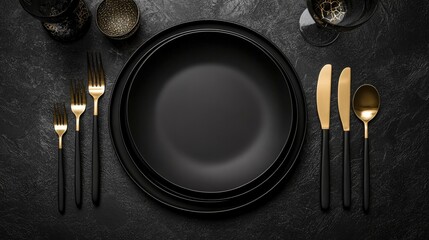 Elegant table setting featuring a black plate paired with striking black and gold cutlery against a deep textured backdrop
