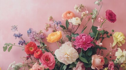 Colorful Floral Arrangement Featuring Various Blooms on a Soft Pink Backdrop