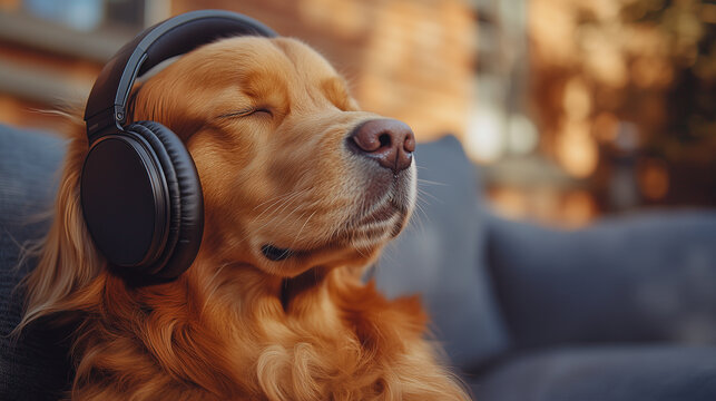 Portrait of funny dog with headphones dreaming