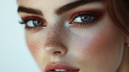 Fototapeta premium A woman with green eyes and red hair is wearing makeup. She has a red nose and a pink lip