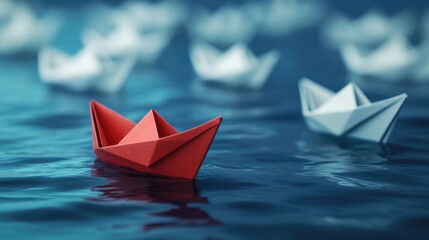 A red origami boat guiding a fleet of white paper ships symbolizing leadership vision and success in a competitive environment