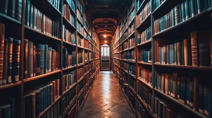 Fototapeta premium Neatly arranged assorted books in a library representing a realm of knowledge and exploration