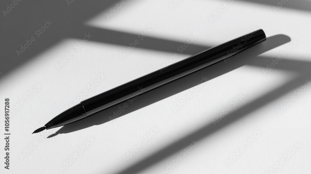 Poster A black pen with a silver tip lies on a white surface with shadows from a window behind it.