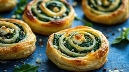 Fototapeta premium Rolled puff pastry spirals filled with spinach and feta cheese freshly baked against a blue backdrop