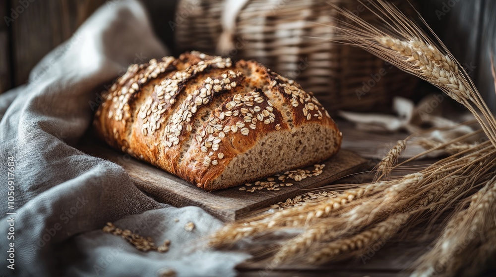Poster homemade multi grain loaf on a wooden table decorated with seeds and surrounded by wheat straws and 