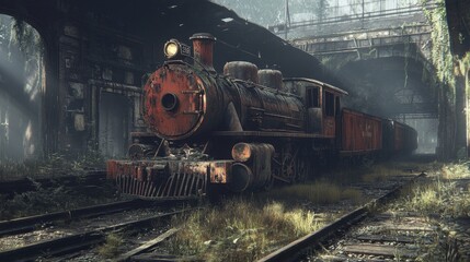 Obraz premium Rusty Locomotive Abandoned on Overgrown Train Tracks