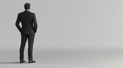 Obraz premium A businessman standing confidently in a suit, facing a blank wall, symbolizing contemplation and future possibilities.