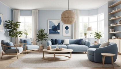 Fototapeta premium Japandi Minimalist Interior with Blue Art and Modern Blue Sofa in a Stylish Living Room. 