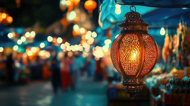 An antique lantern emits a warm glow illuminating a bustling night market Vendors showcase diverse products beneath blue canopies as shoppers explore the colorful stalls