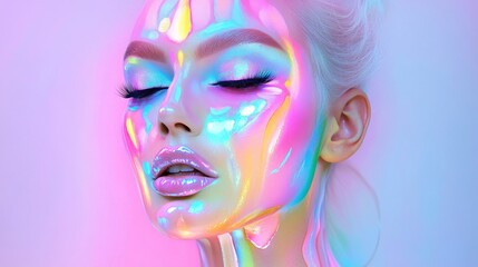 A captivating portrait featuring luminous and colorful makeup with a holographic effect on a model's serene face.