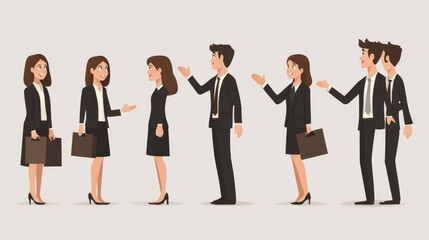 Obraz premium A cartoon-style illustration of business professionals engaging in conversation, showcasing teamwork and collaboration in the workplace.