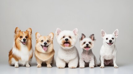 A charming group of happy dogs poses together, showcasing their unique breeds and personalities in a playful and friendly manner.