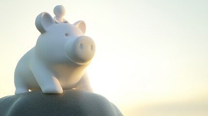 Naklejka premium A charming white piggy bank perched on a smooth surface, symbolizing savings and financial growth in a serene setting.