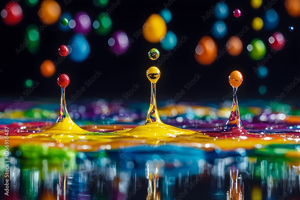 Poster colorful liquid droplets creating patterns on a reflective surface