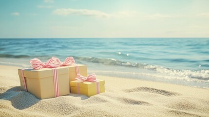 Naklejka premium Gift boxes placed on a sandy shoreline symbolizing summer vacations or holiday getaways by the sea