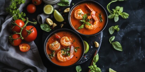 Delicious shrimp soup with tomatoes and fresh herbs served in black bowls on a dark surface with garnishes and lime