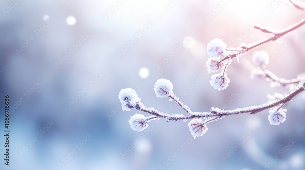 Poster branch of a snow covered alder tree with a blurred background features selective focus and shallow d