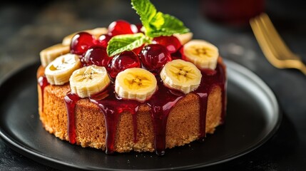 Delicious homemade banana cake topped with jelly