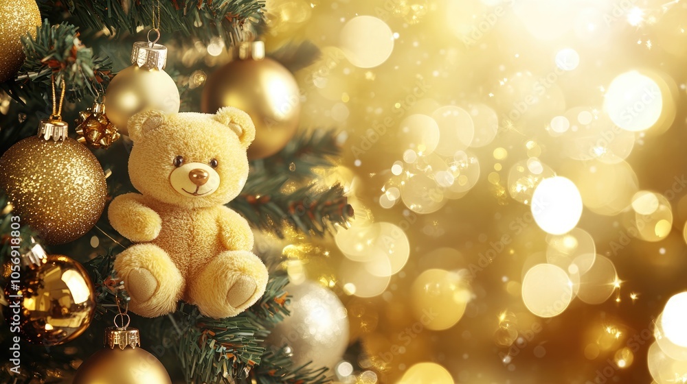 Poster christmas tree adorned with golden ornaments and toy bears set against a blurred shimmering gold bac