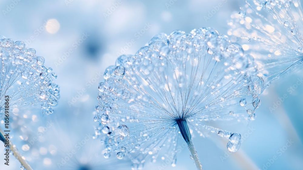Poster dew covered dandelion parachutes resting on snow creating an abstract artistic scene with soft blue 