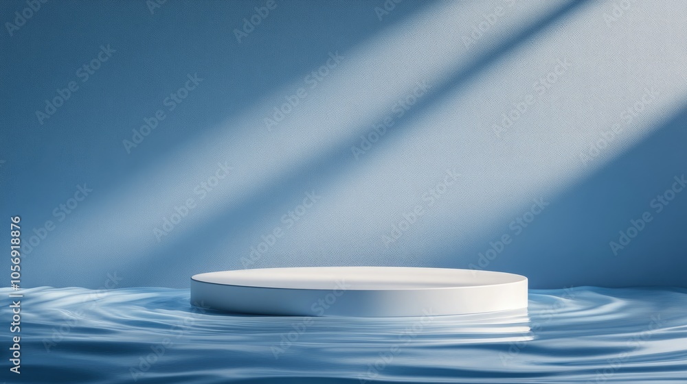 Poster abstract minimal nature scene featuring an empty stage and circular podium against a blue backdrop w