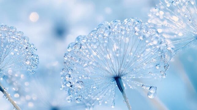 Dew covered dandelion parachutes resting on snow creating an abstract artistic scene with soft blue tones Macro view of silver hued seeds adorned with droplets