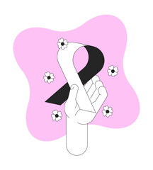 Pink ribbon movement black and white 2D illustration concept. Raising breast cancer awareness. Solidarity campaign. Woman health promotion outline hand isolated. Metaphor monochrome vector art
