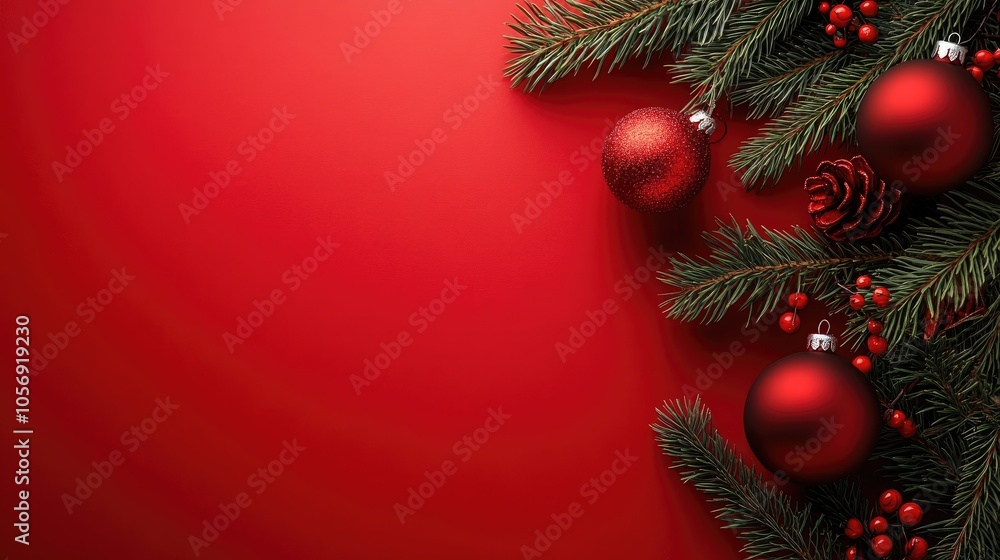 Poster festive red christmas decorations with fir tree branches on a red backdrop flat lay perspective with