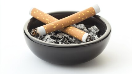 Cigarettes resting in an ashtray against a white backdrop
