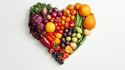 Heart shape created using various fruits and vegetables on a white background