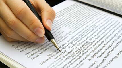 A close-up of a hand holding a pen, writing or editing text on a document, symbolizing creativity and communication.