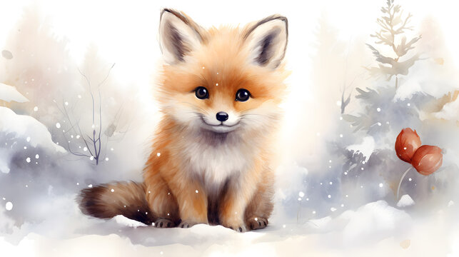 Watercolor illustration, a cute little fluffy fox on a winter background, surrounded by snowdrifts. Christmas cards concept. New Year's theme