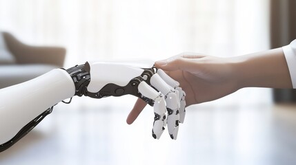 A close-up of a human hand and a robotic hand reaching out, symbolizing the connection between technology and humanity.